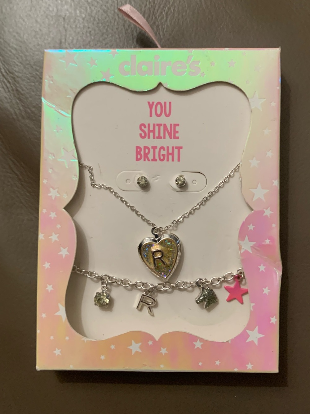 Claire's Silver Locket Heart 🤍 Initial “R” Charm Jewelry Set of 3 -